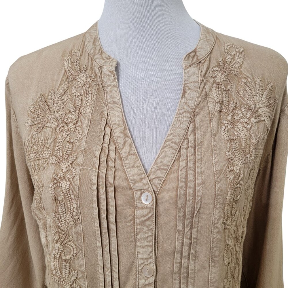 Solitaire Size S Tan Embroidered Button Front Tun… - image 2